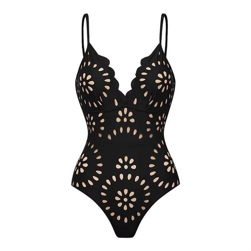 Elevate Your Beach Style with the Flaxmaker Women's Black Laser Cut One Piece Swimsuit & Skirt - Perfect for Summer 2025!