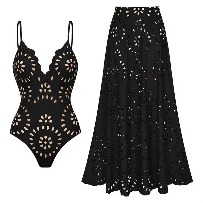 Elevate Your Beach Style with the Flaxmaker Women's Black Laser Cut One Piece Swimsuit & Skirt - Perfect for Summer 2025!
