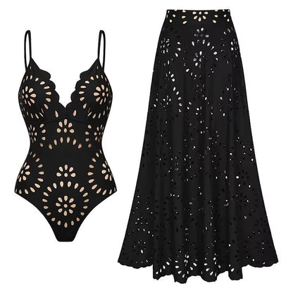 Elevate Your Beach Style with the Flaxmaker Women's Black Laser Cut One Piece Swimsuit & Skirt - Perfect for Summer 2025!