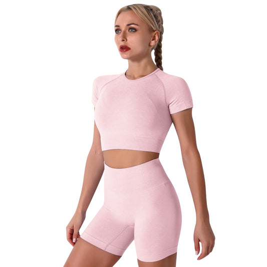 Elevate Your Workout with Our Stylish Women’s Short Sleeve Crop Top and High Waisted Running Shorts Set in Pink - Perfect for Gym, Yoga, and Active Living!