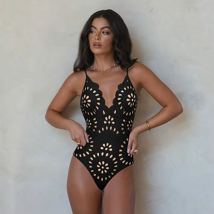 Elevate Your Beach Style with the Flaxmaker Women's Black Laser Cut One Piece Swimsuit & Skirt - Perfect for Summer 2025!