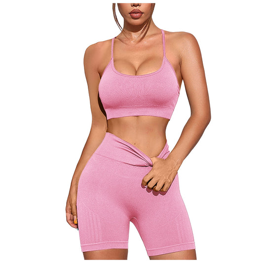 Elevate Your Workout with Our Pink Seamless 2-Piece Women's Activewear Set - Strappy Halter Sports Bra & Scrunch Butt Shorts